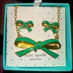 Kate Spade Finishing Touch Bow Green Enamel Necklace and Stud Earrings Set, NWOT